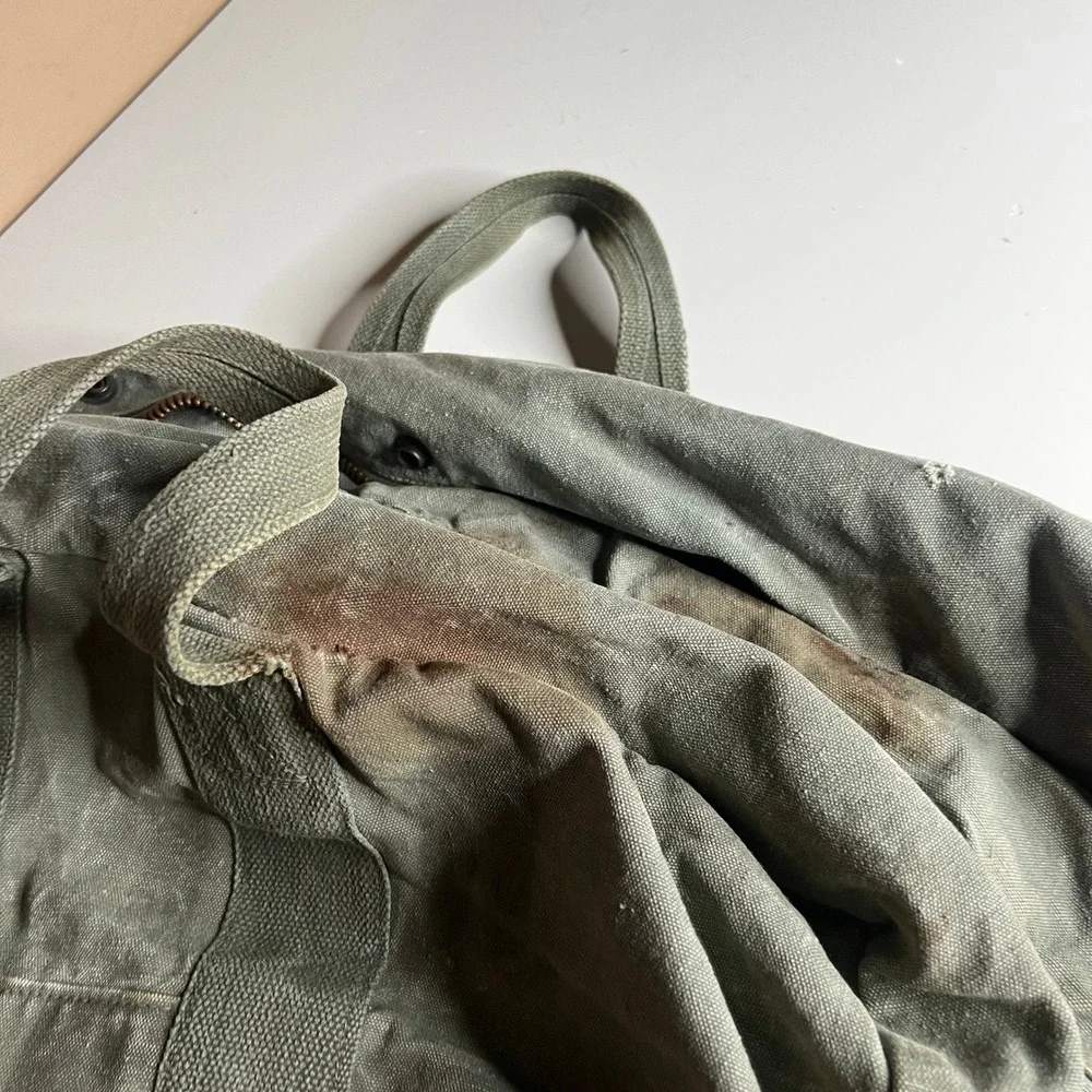 Vintage 80s Military Canvas Duffel Bag Olive Drab Conmar Brass Zipper Large